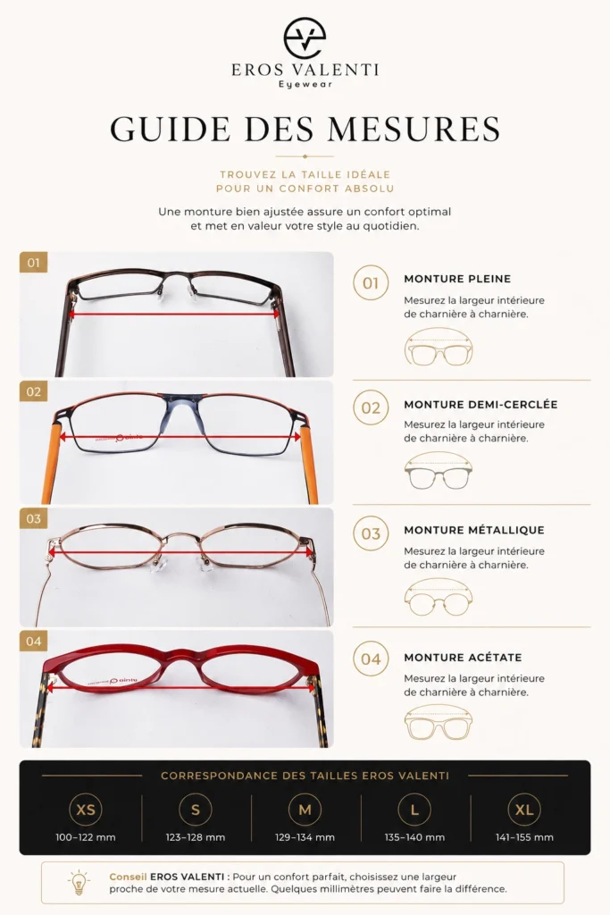 Dimensions largeur verre pont branche lunettes